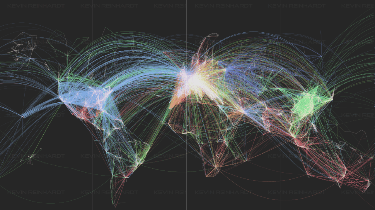 La carte du monde ne montre que les itinéraires de vol des compagnies aériennes